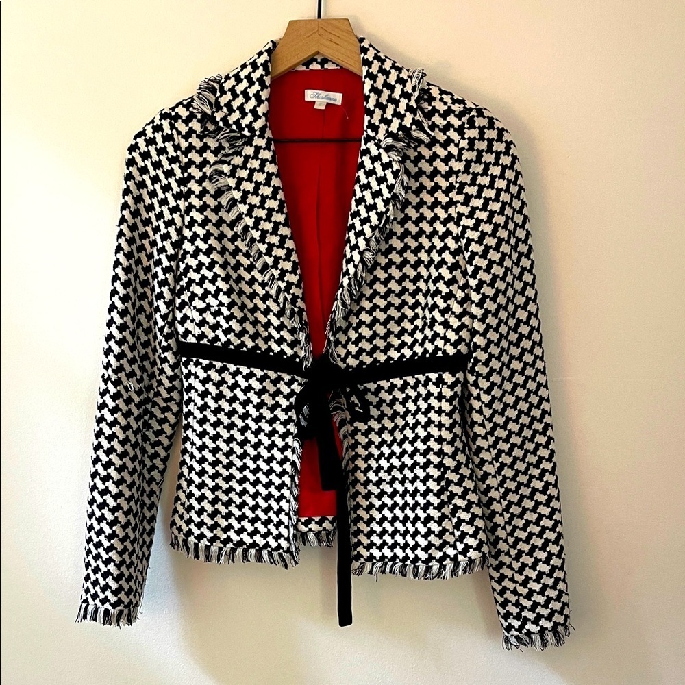 Shoshanna Silk Blazer Black White Check Fringe Velvet Ribbon Bow Size 2